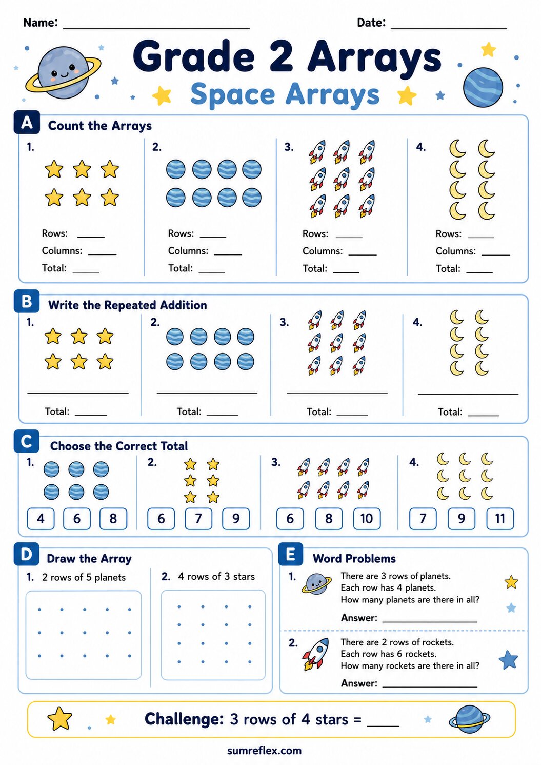 Grade 2 space arrays worksheet with stars and rockets arranged in rows