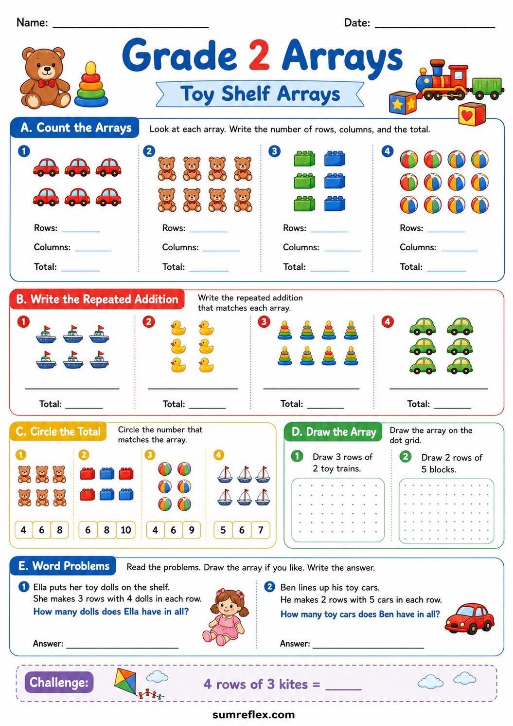 Grade 2 toy shelf array worksheet with toys arranged in rows and columns