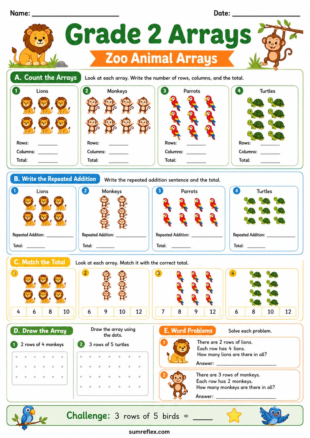 Grade 2 zoo animal arrays worksheet with animals grouped in rows for repeated addition