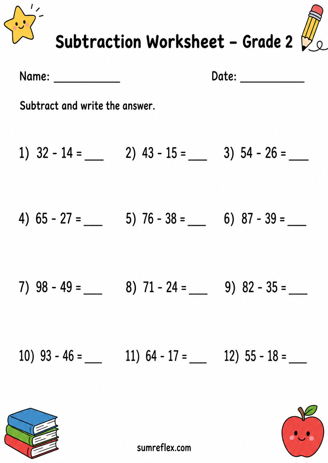 Mixed two-digit subtraction worksheet for Grade 2 with varied take-away amounts