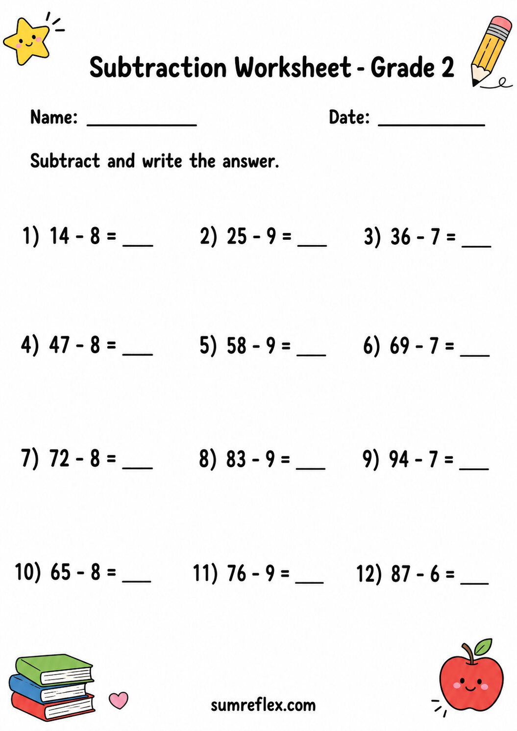 Grade 2 subtraction to 100 worksheet with two-digit problems and answer blanks