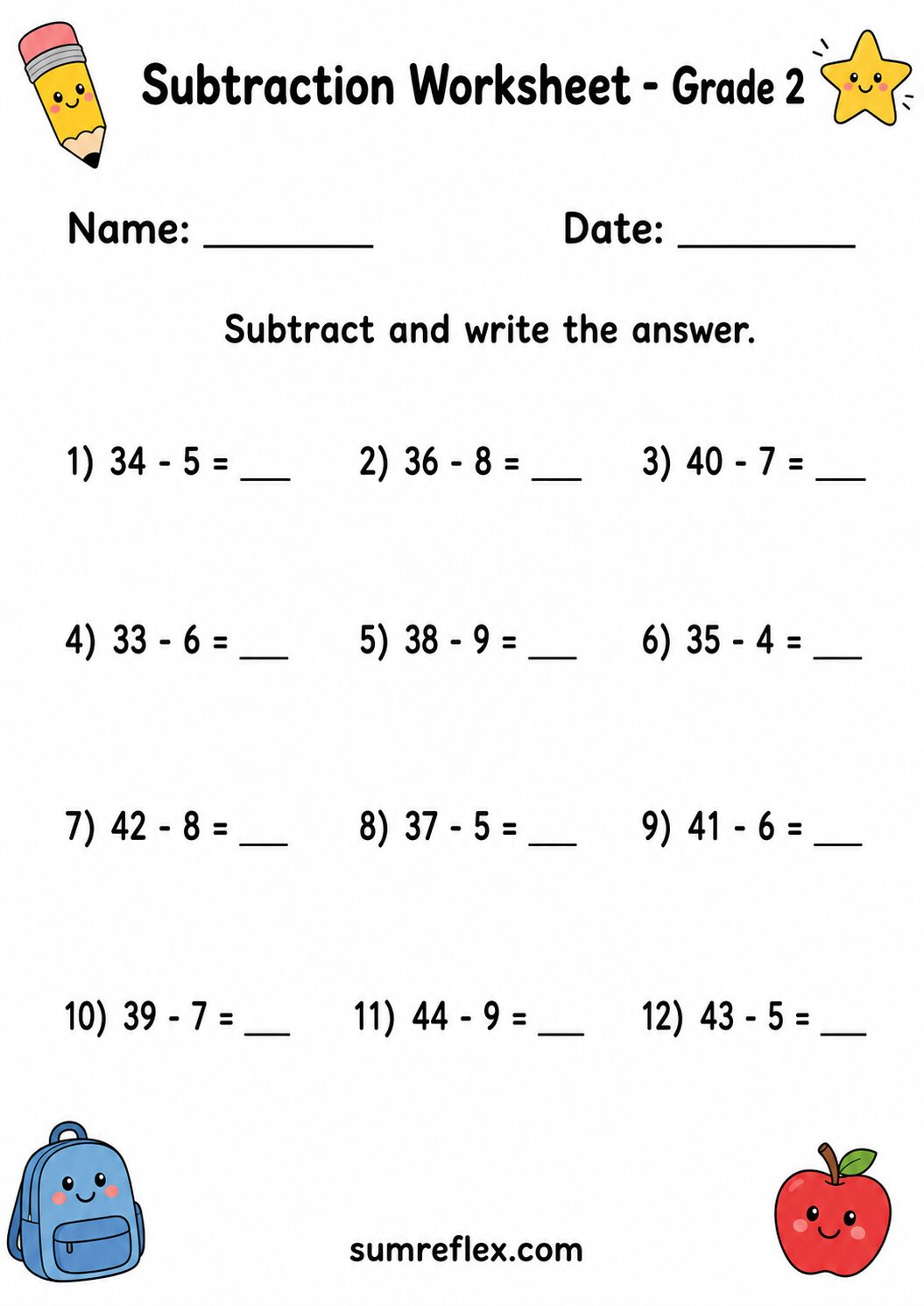 Grade 2 subtraction to 40 worksheet with two-digit minuends and answer blanks