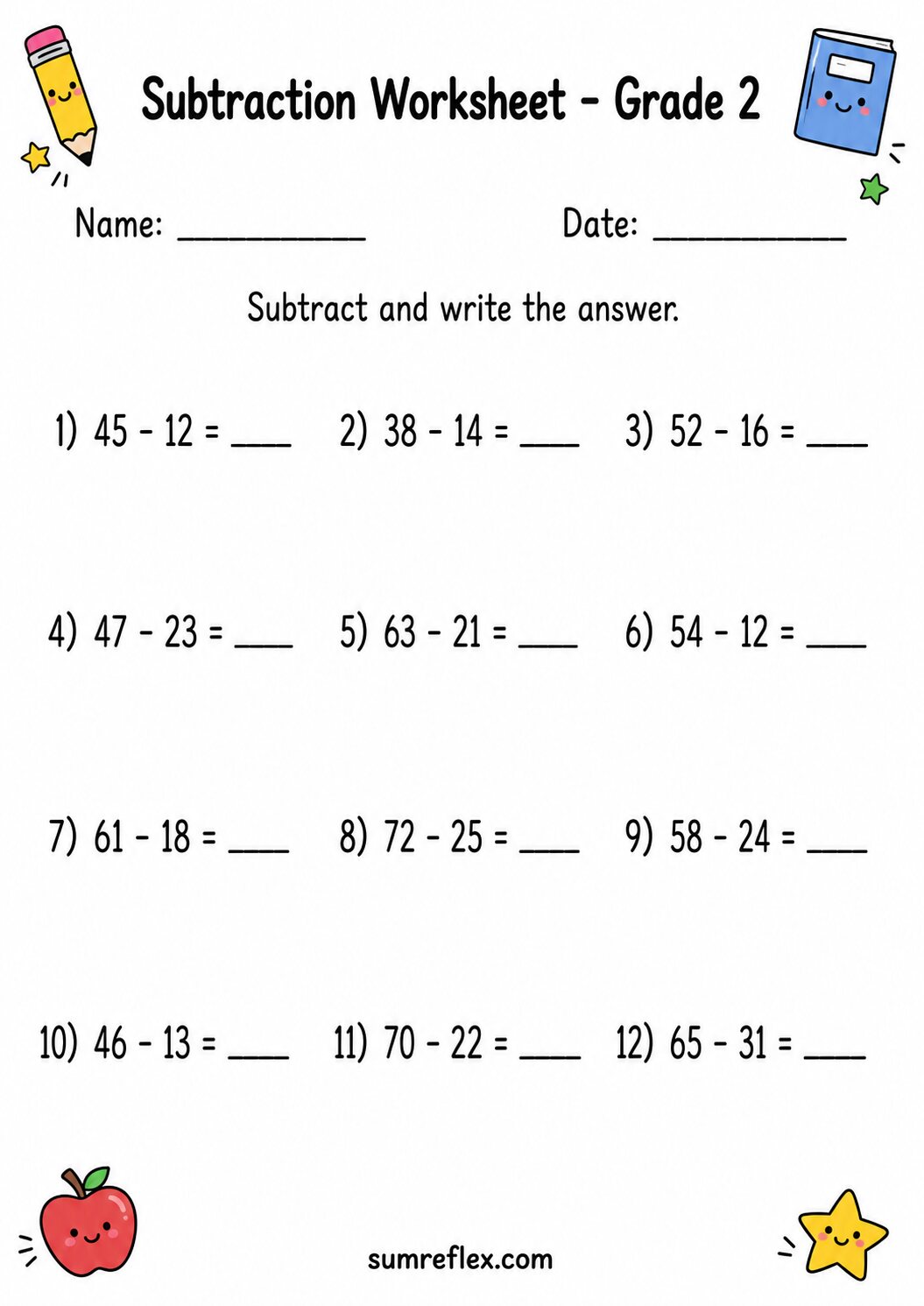 Subtraction to 50 worksheet for Grade 2 with horizontal problems and answer spaces