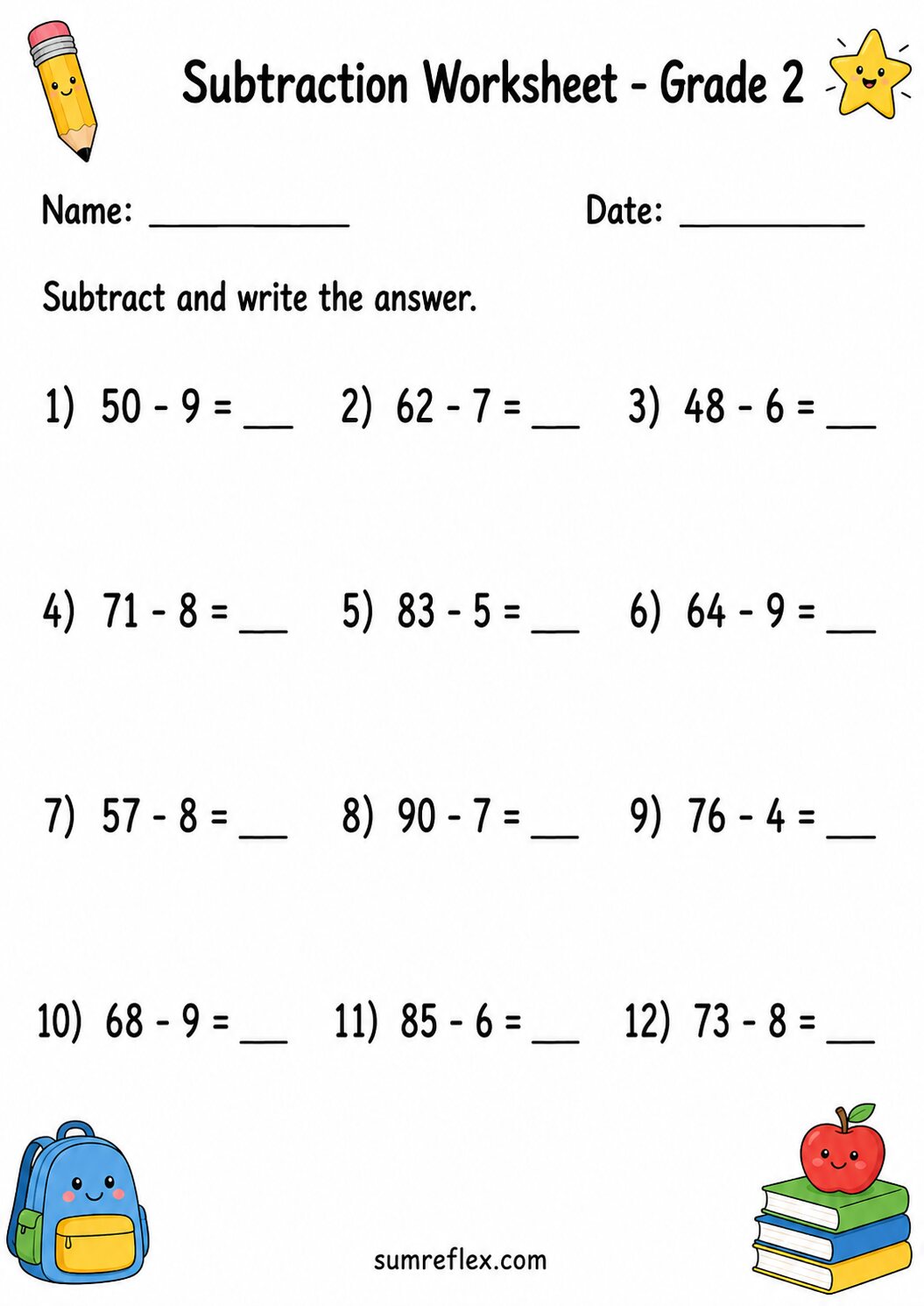 Grade 2 subtraction worksheet with bigger minuends and blank differences