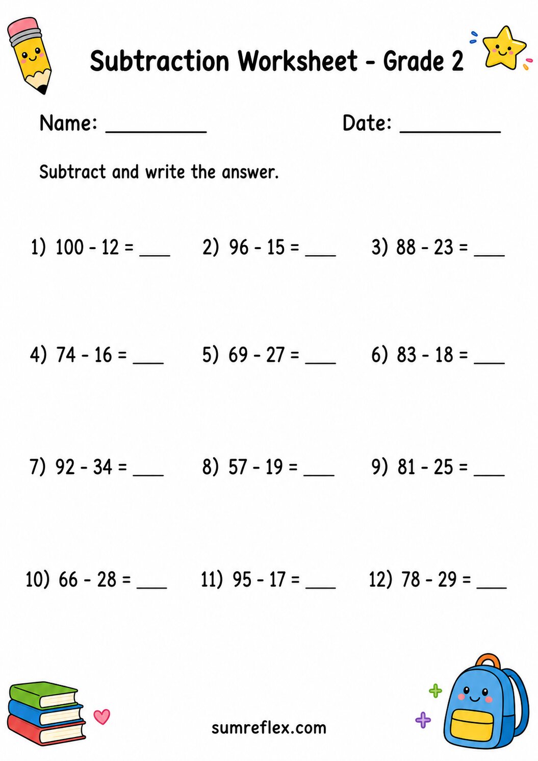 Subtraction within 100 practice worksheet for Grade 2 with answer spaces