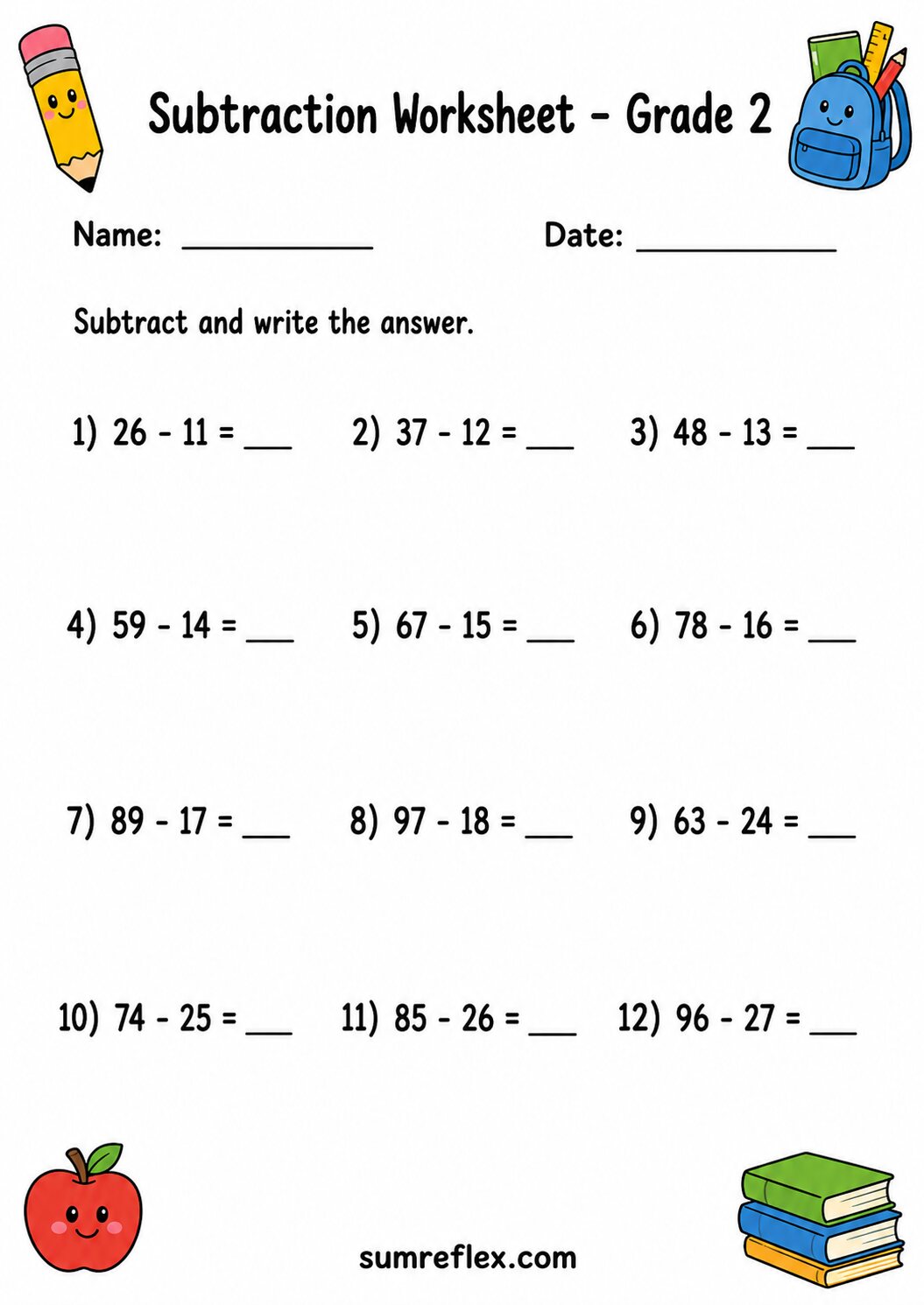 Grade 2 two-digit subtraction fluency worksheet with mixed differences and blank answers