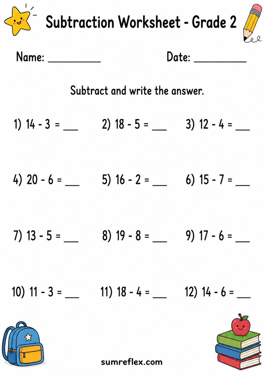 Grade 2 two-digit subtraction practice worksheet with moderate numbers and answer spaces