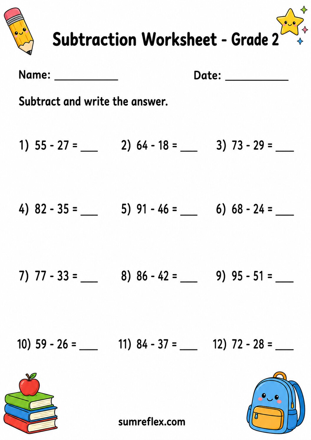 Two-digit subtraction review worksheet for Grade 2 with varied differences