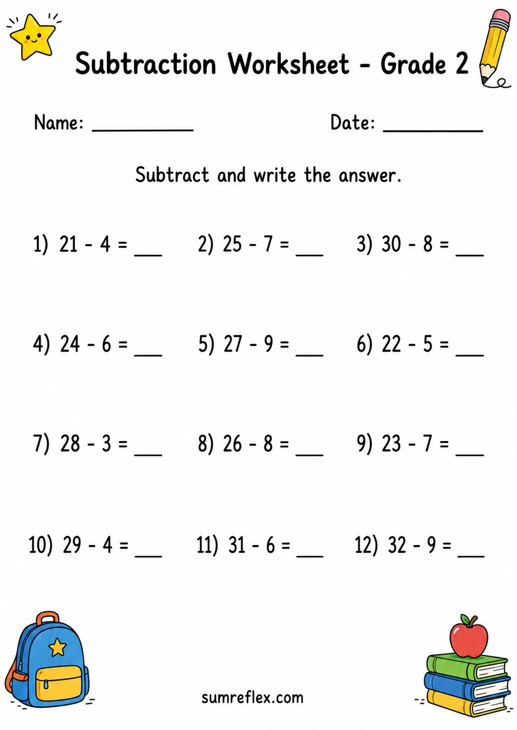 Two-digit subtraction within 100 worksheet for Grade 2 with blank answers