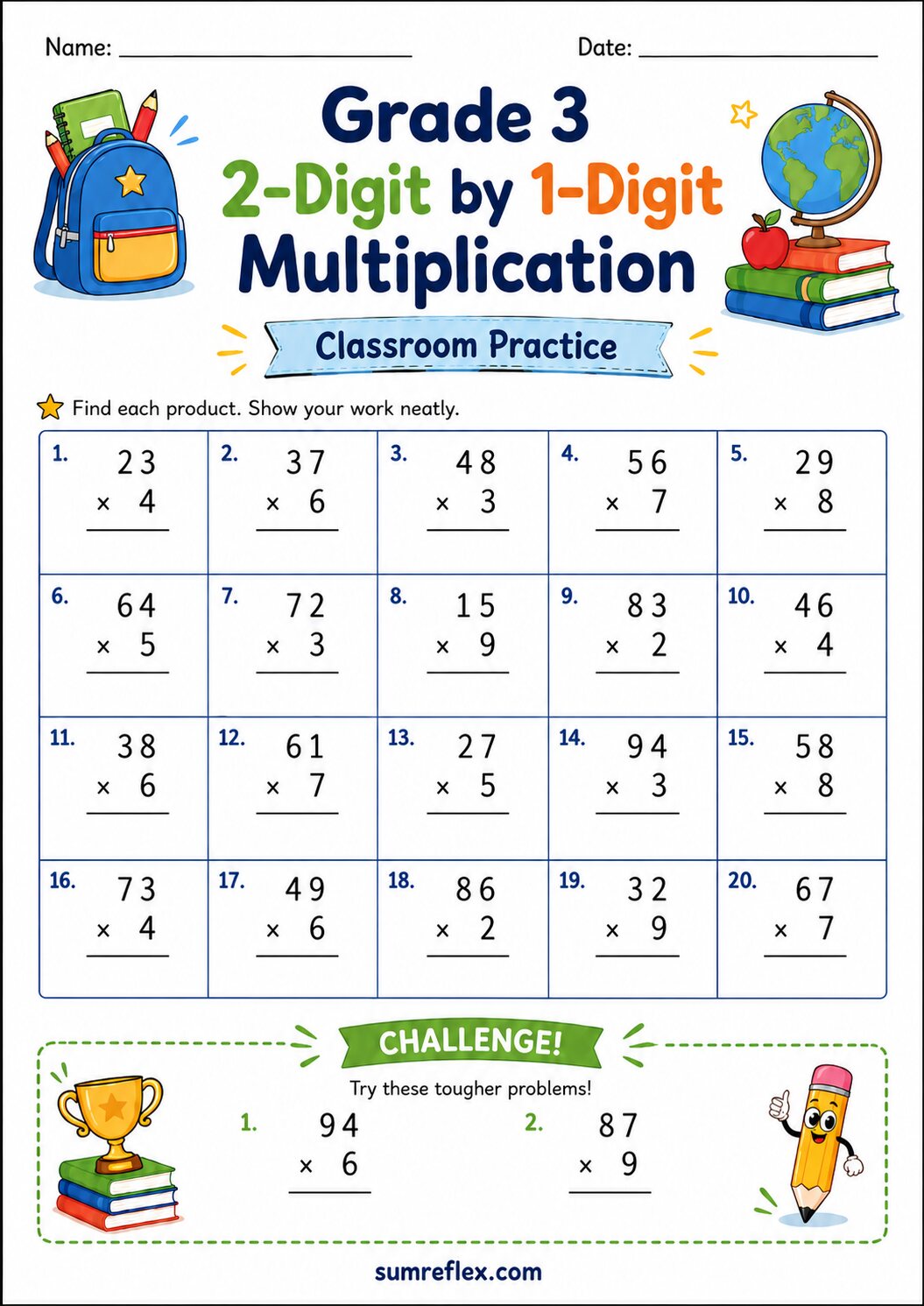 Grade 3 classroom 2-digit by 1-digit multiplication worksheet with vertical problems