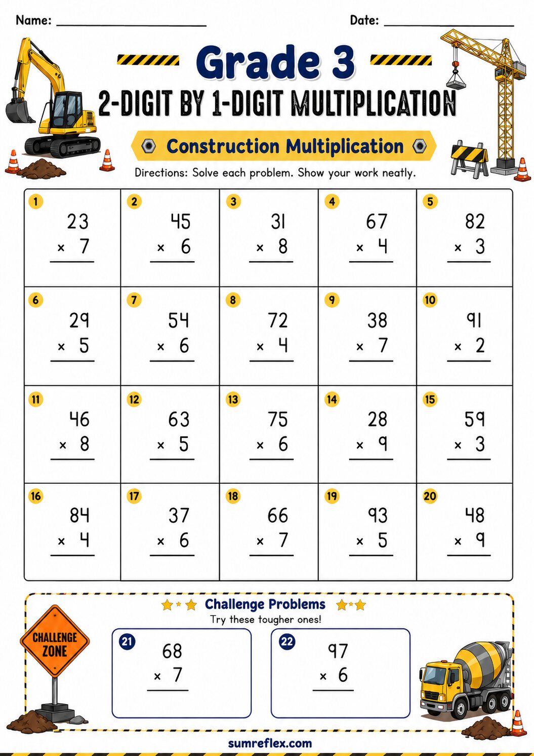 Construction 2-digit by 1-digit multiplication worksheet for Grade 3 with job-site visuals