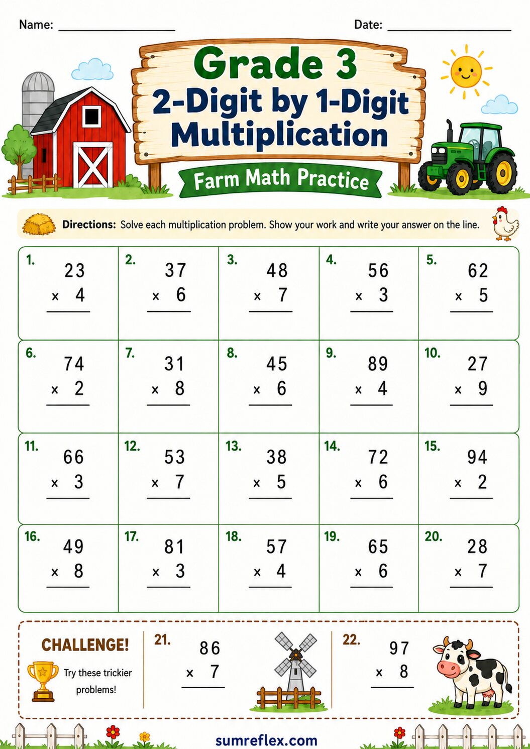 Grade 3 farm 2-digit by 1-digit multiplication worksheet with barn-themed problems