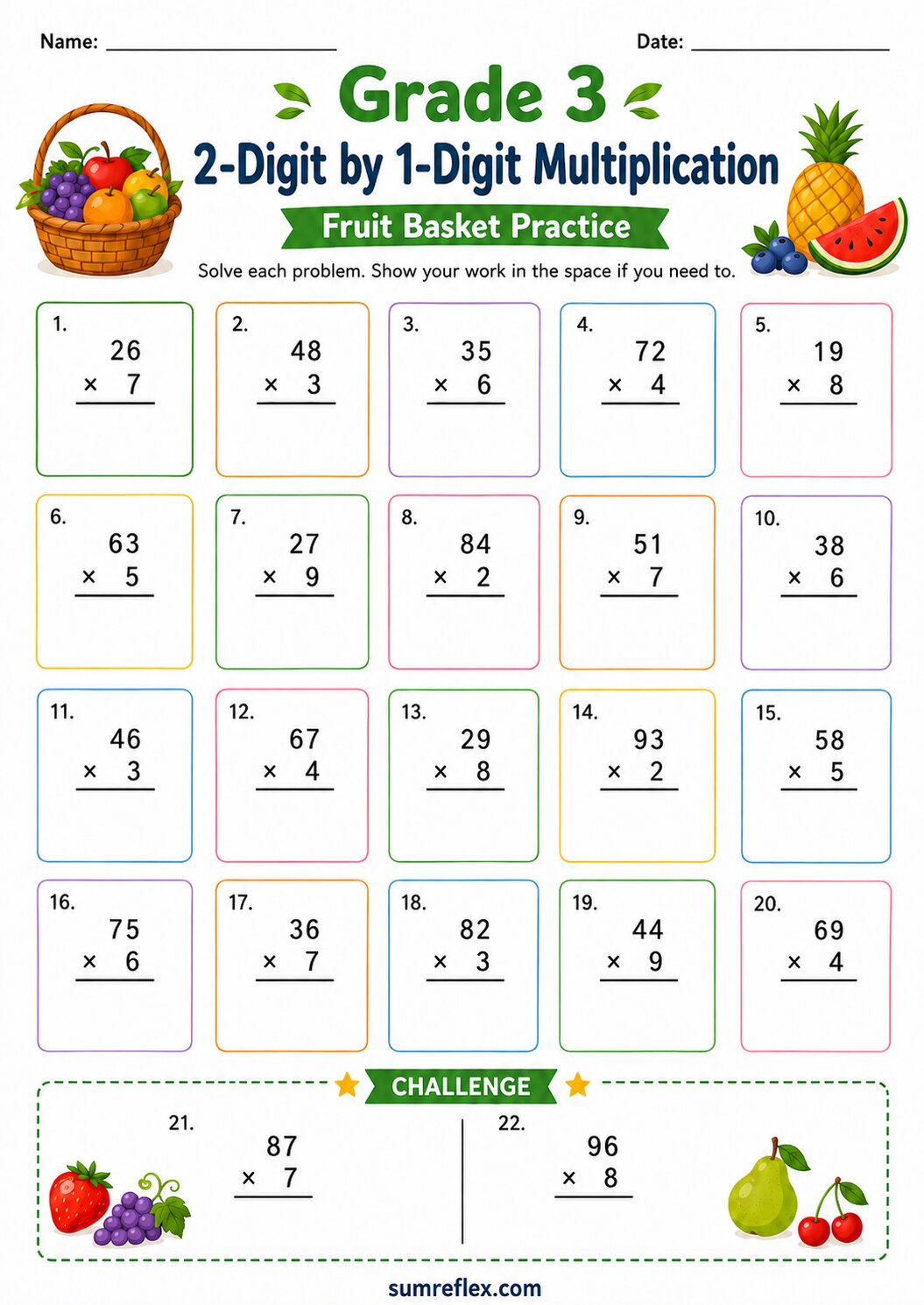 Grade 3 fruit basket 2-digit by 1-digit multiplication worksheet with vertical problems