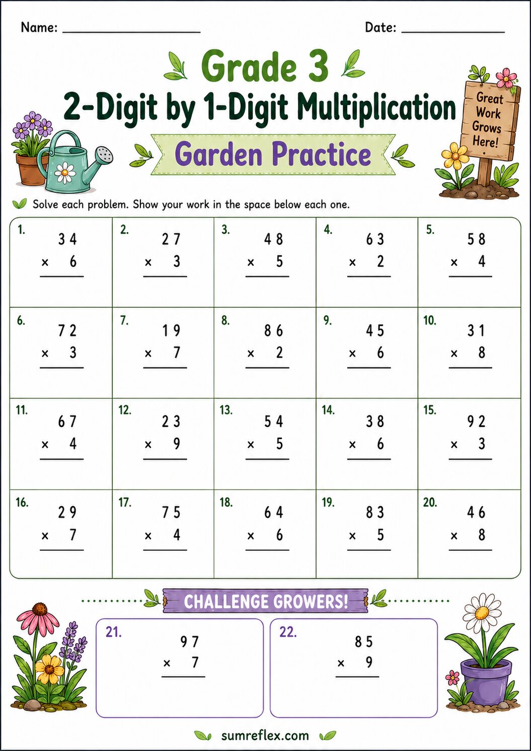 Garden 2-digit by 1-digit multiplication worksheet for Grade 3 with product spaces