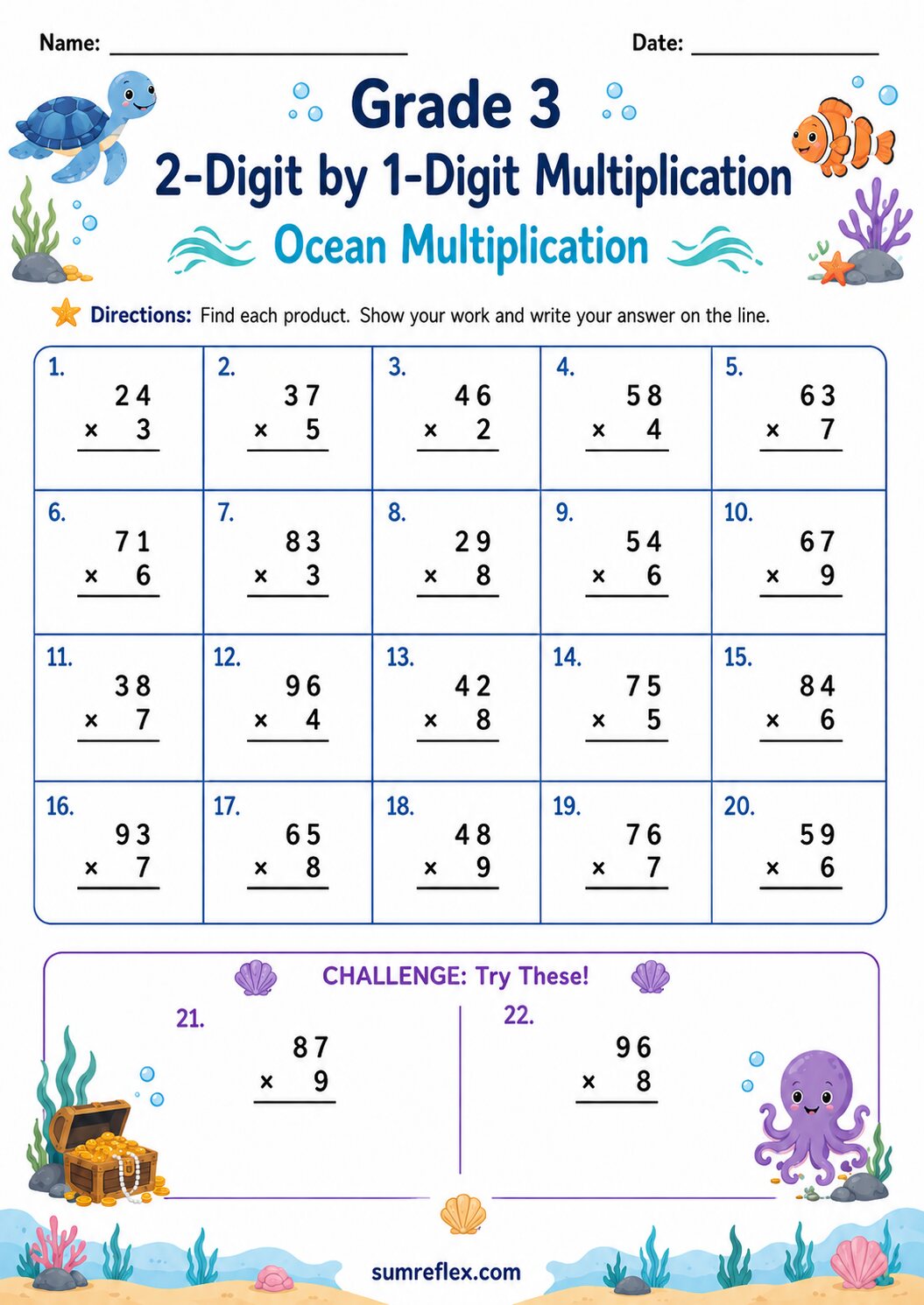 Grade 3 ocean 2-digit by 1-digit multiplication worksheet with sea-life visuals