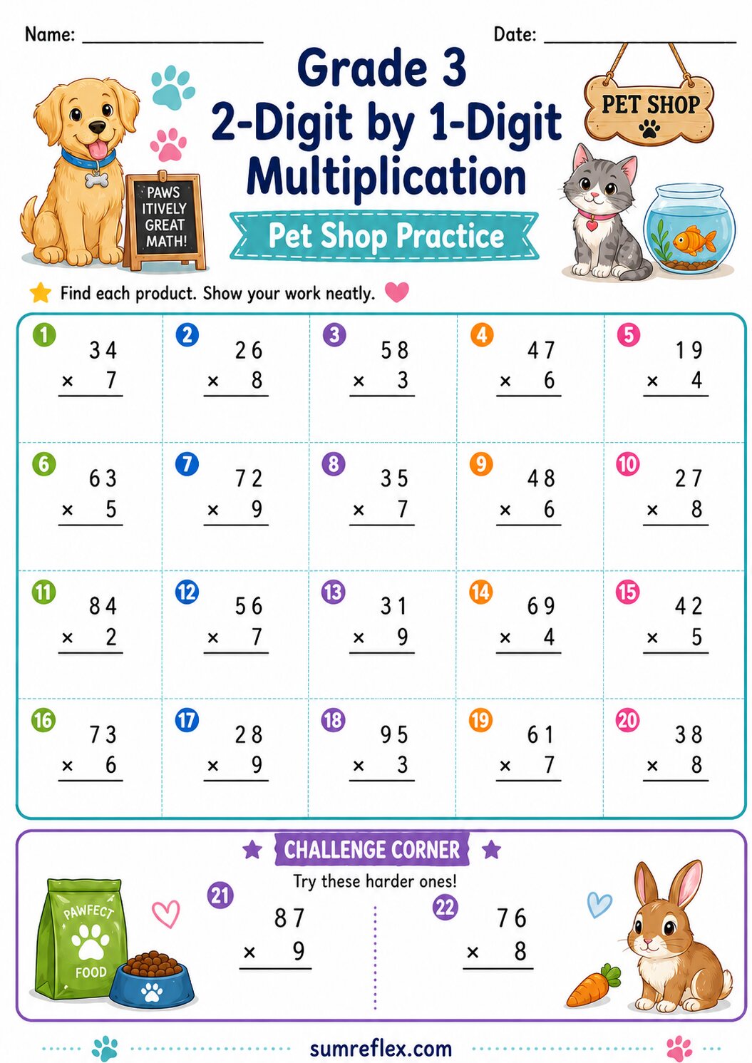 Pet shop 2-digit by 1-digit multiplication worksheet for Grade 3 with animal visuals