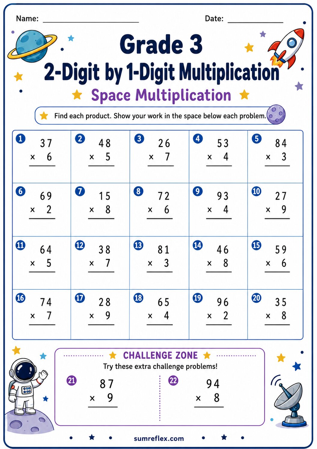 Space 2-digit by 1-digit multiplication worksheet for Grade 3 with rocket visuals