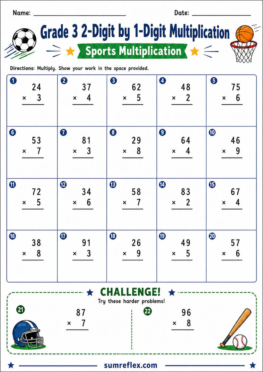 Sports 2-digit by 1-digit multiplication worksheet for Grade 3 with vertical equations