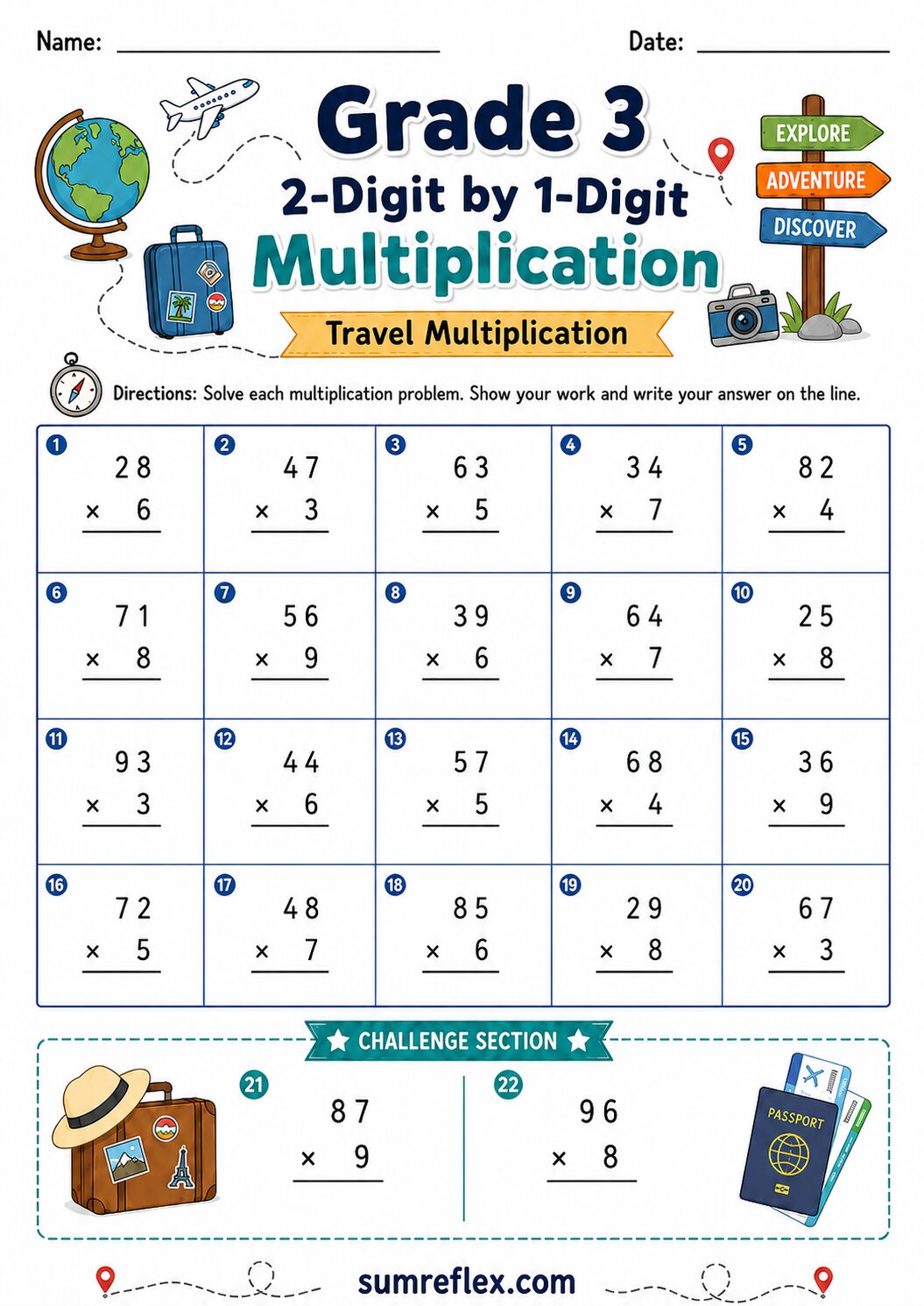 Grade 3 travel 2-digit by 1-digit multiplication worksheet with trip-themed visuals