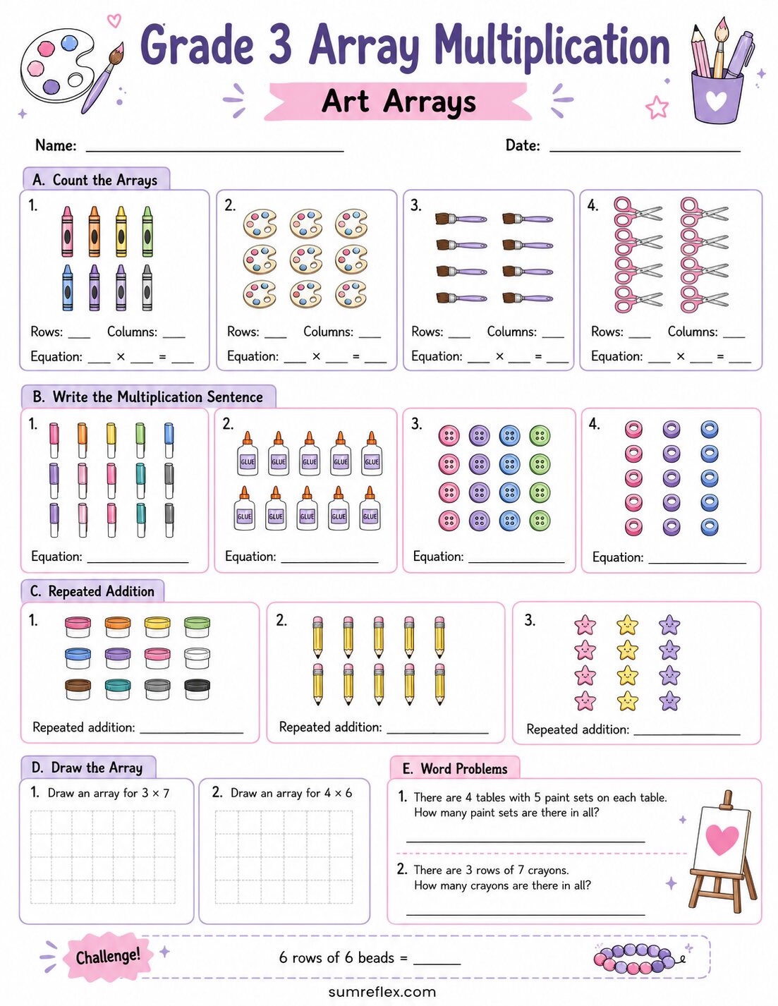 Grade 3 art array multiplication worksheet with supplies arranged in rows