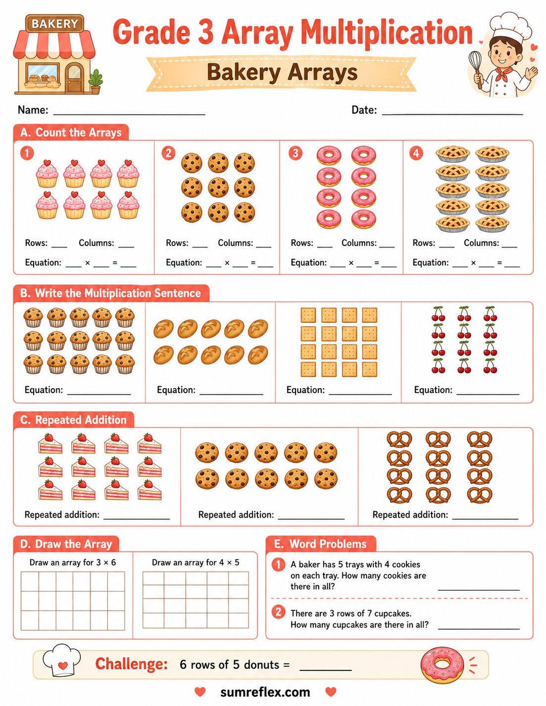 Grade 3 bakery array multiplication worksheet with treats in rows and product spaces