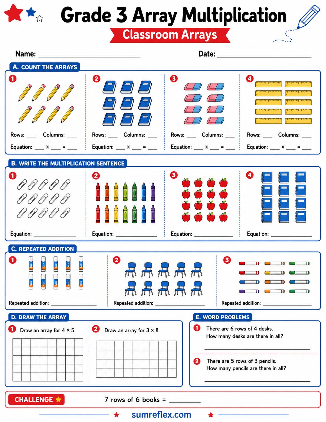 Grade 3 classroom array multiplication worksheet with school supplies in row models