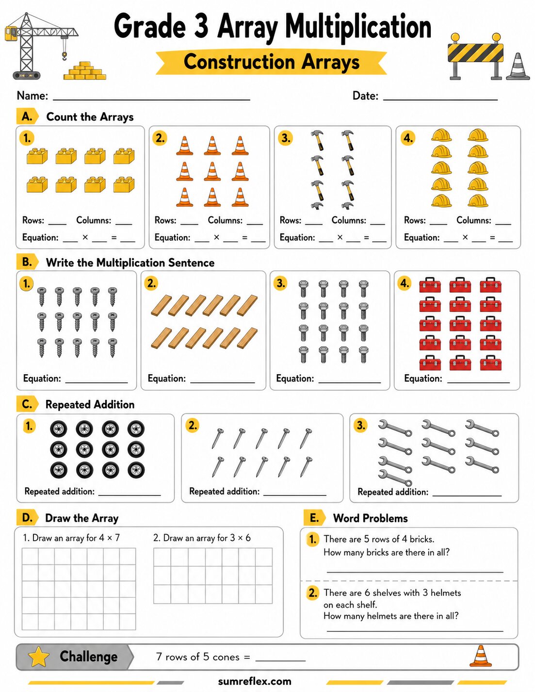 Construction array multiplication worksheet for Grade 3 with tools and block rows
