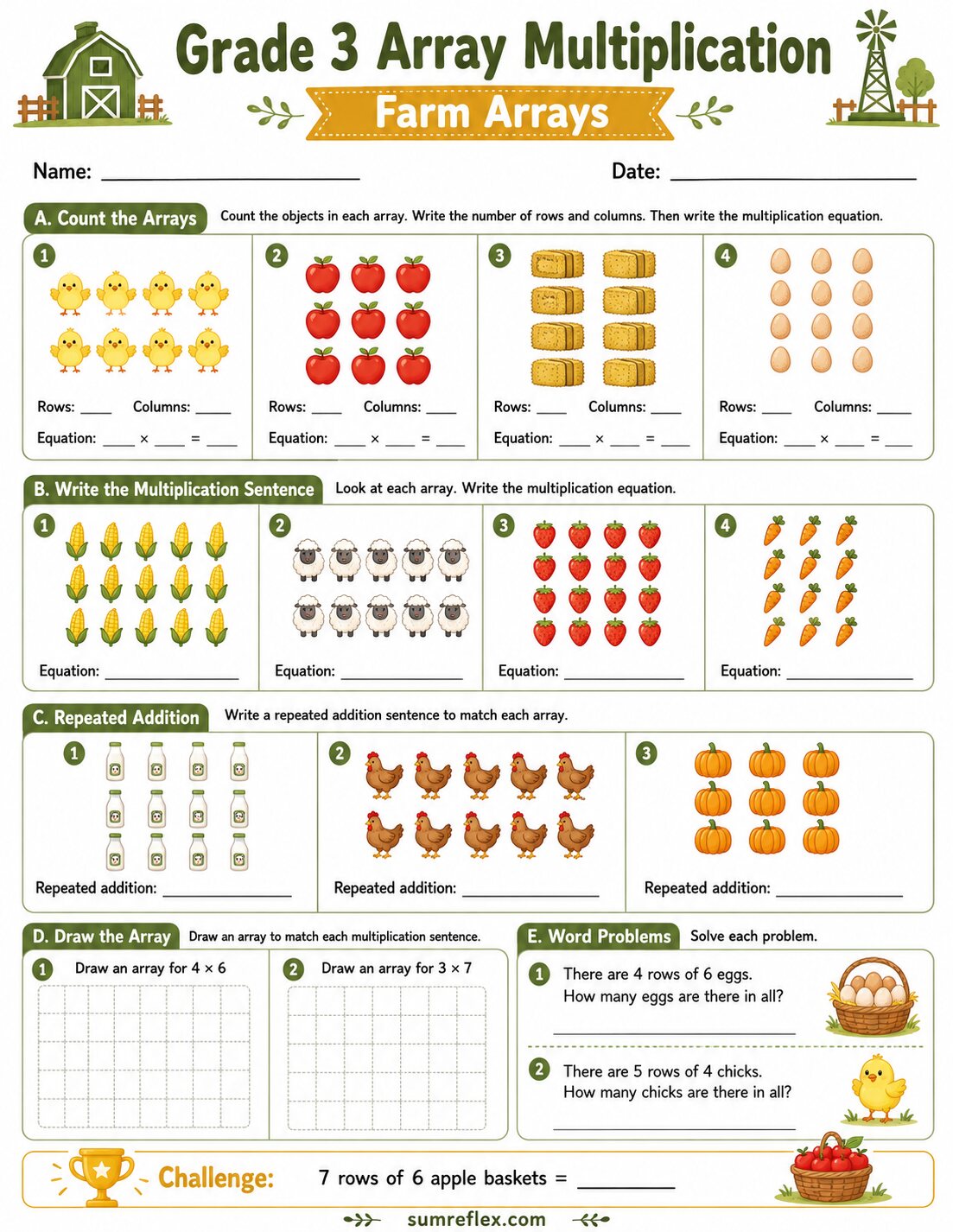 Grade 3 farm array multiplication worksheet with animals and crop rows