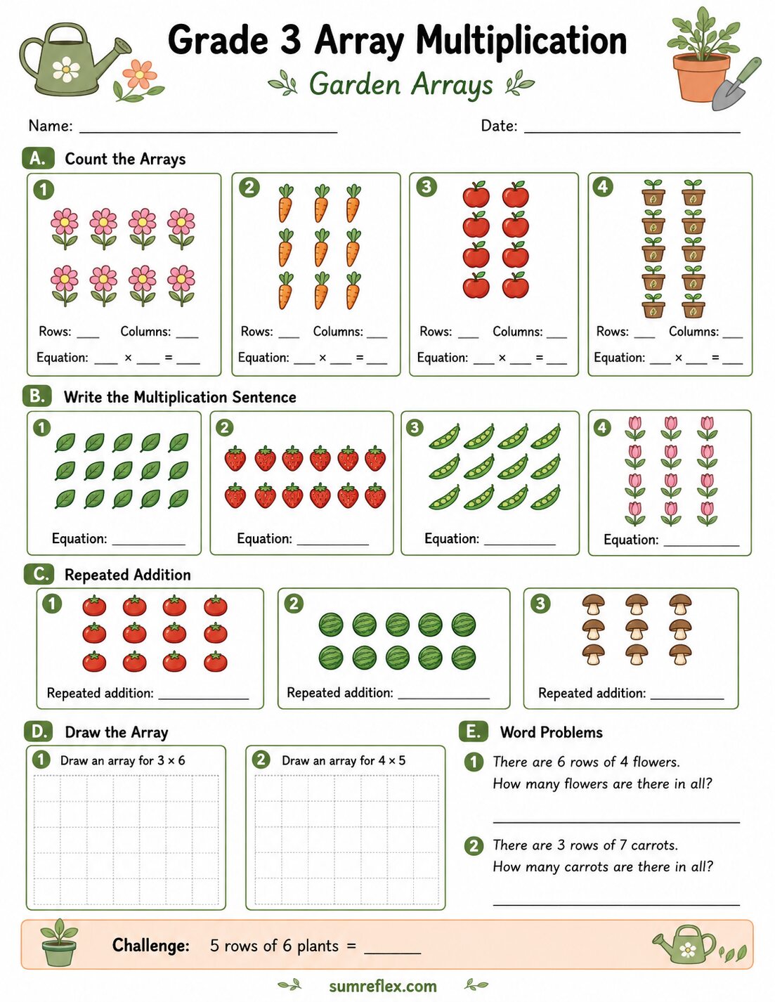 Grade 3 garden array multiplication worksheet with plant rows and multiplication equations