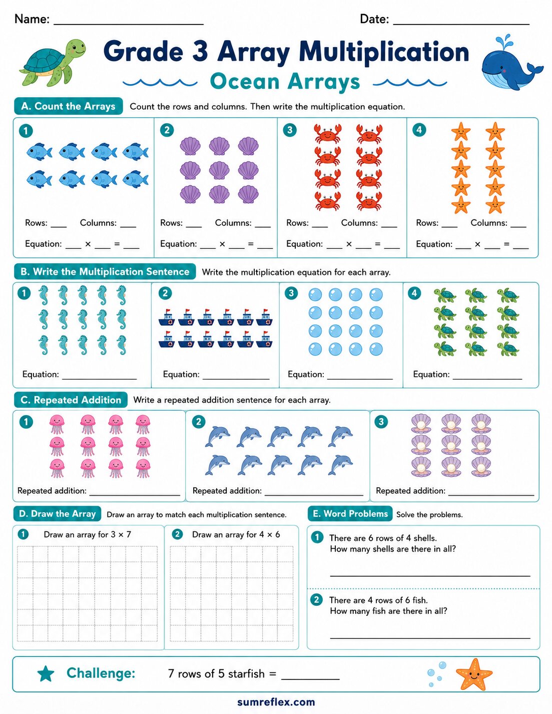 Ocean array multiplication worksheet for Grade 3 with sea creatures in rows