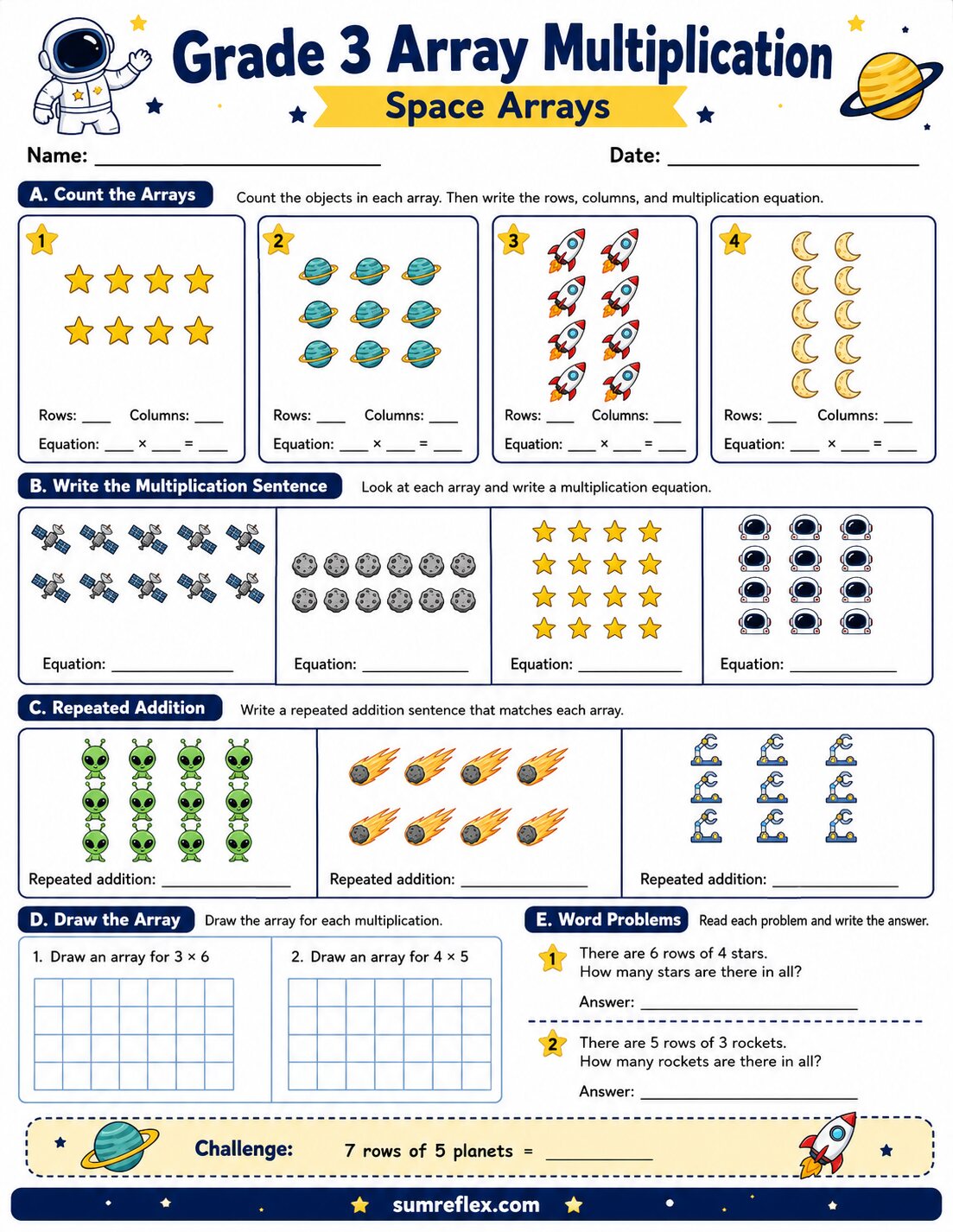 Grade 3 space array multiplication worksheet with rockets and star rows for equations