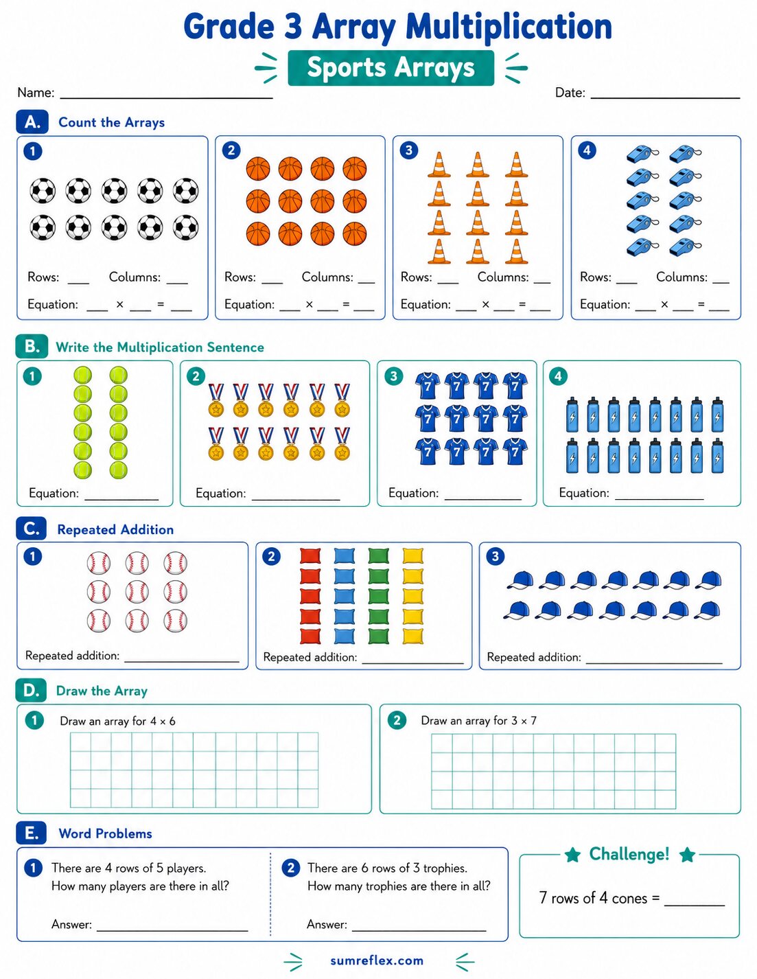 Sports array multiplication worksheet for Grade 3 with equipment rows and product blanks