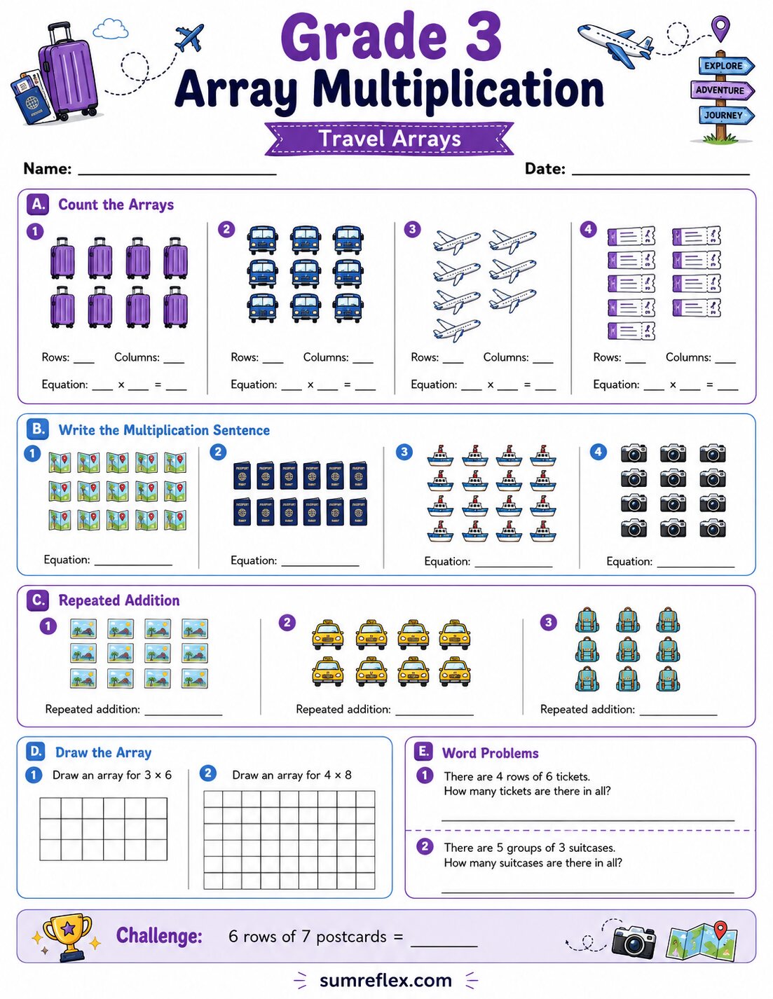 Grade 3 travel array multiplication worksheet with trip objects arranged in rows