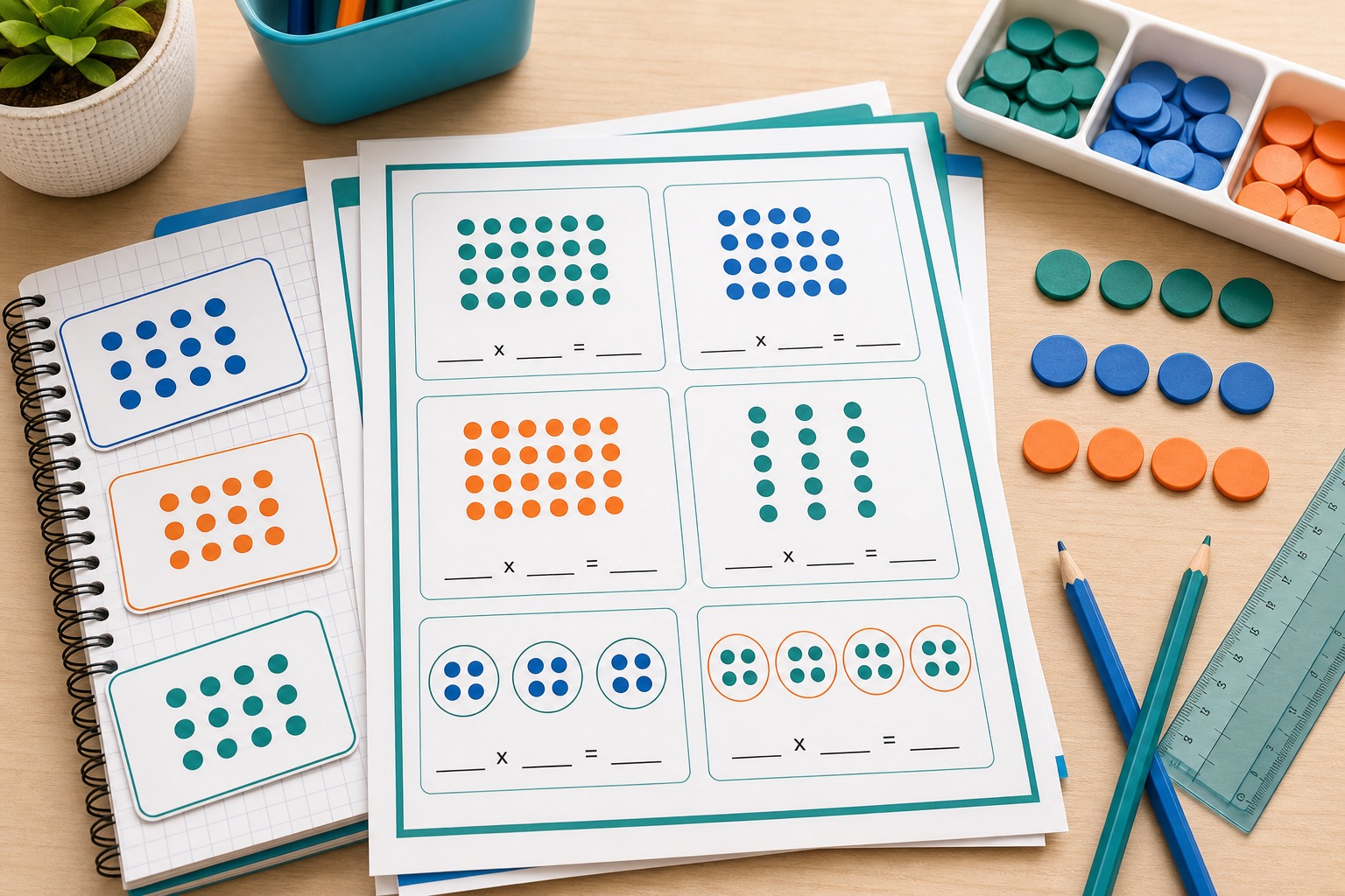 Grade 3 multiplication worksheet with dot arrays, equal groups, counters, pencils, and graph paper