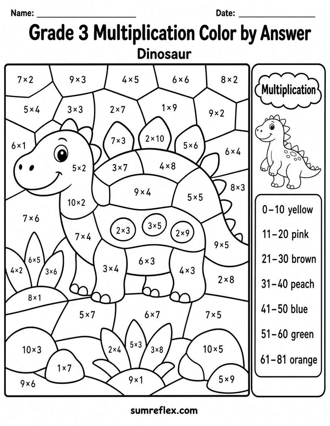 Dinosaur multiplication color by answer worksheet for Grade 3 with coloring key