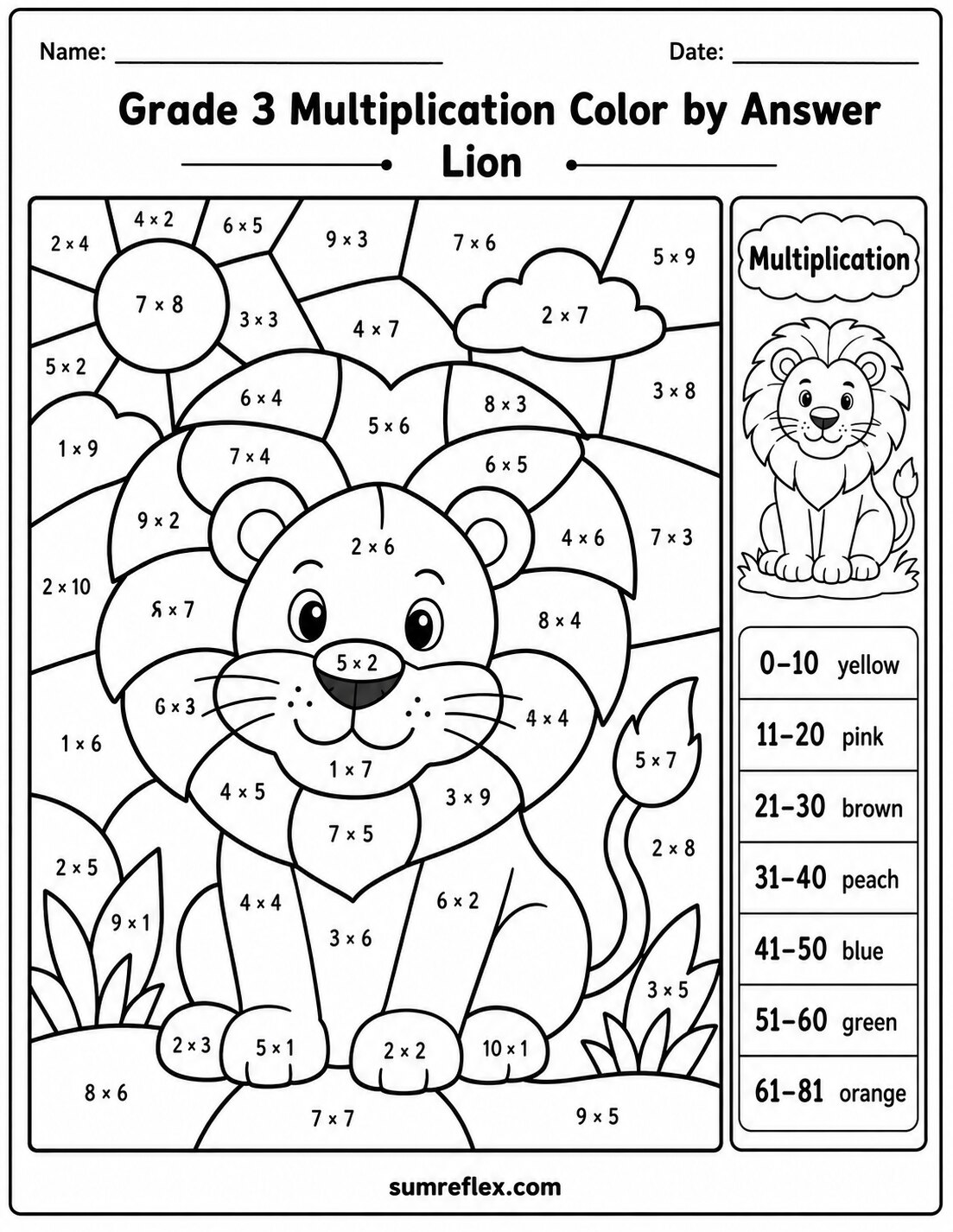 Lion multiplication color by answer worksheet for Grade 3 with animal sections