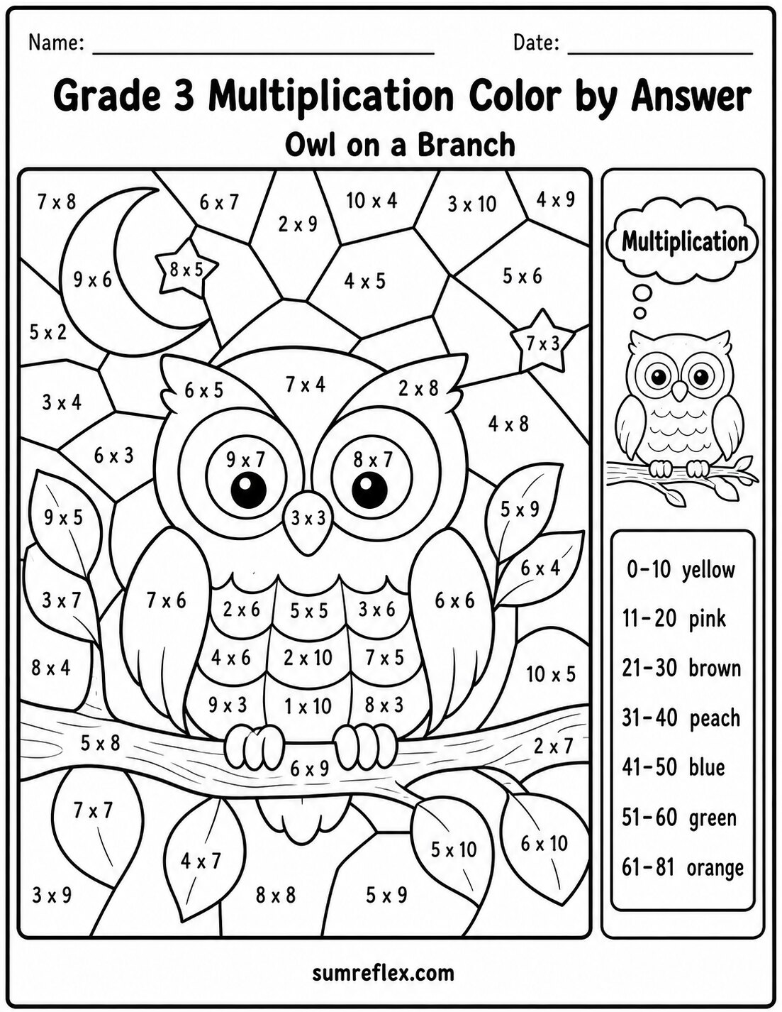 Grade 3 owl multiplication color by answer worksheet with branch scene
