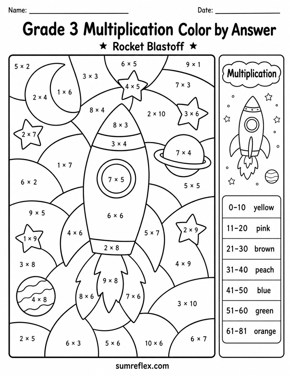 Rocket multiplication color by answer worksheet for Grade 3 with space details
