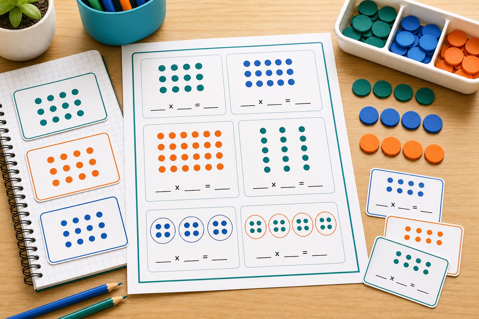 Grade 3 multiplication worksheets with dot arrays, equal groups, counters, flash cards, pencils, and graph paper