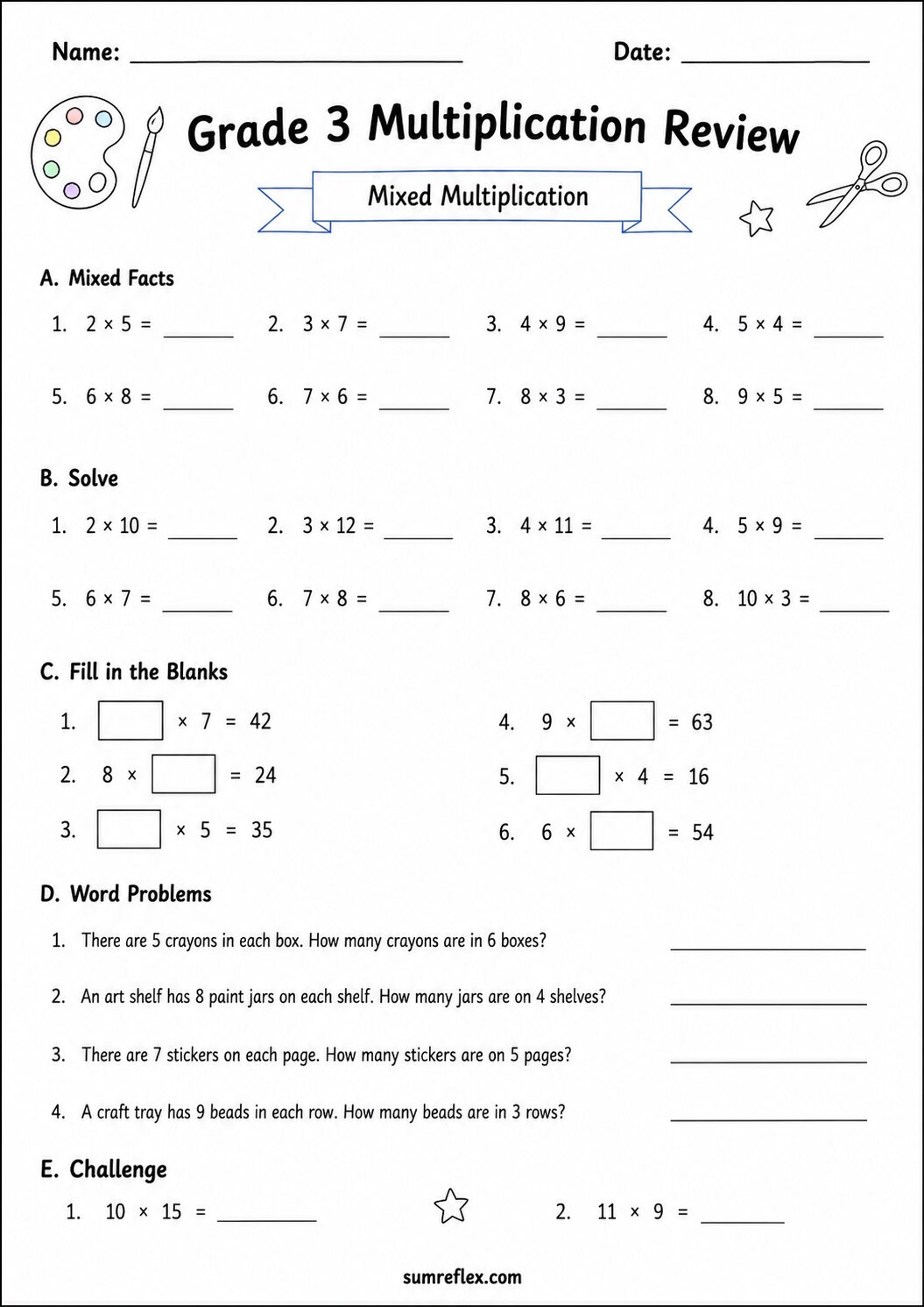 Grade 3 mixed multiplication review worksheet 1 with facts and word problems
