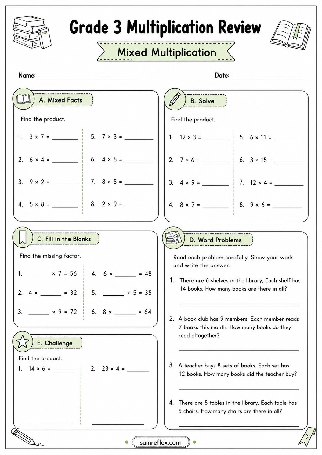 Grade 3 mixed multiplication review worksheet 2 with missing products and story questions