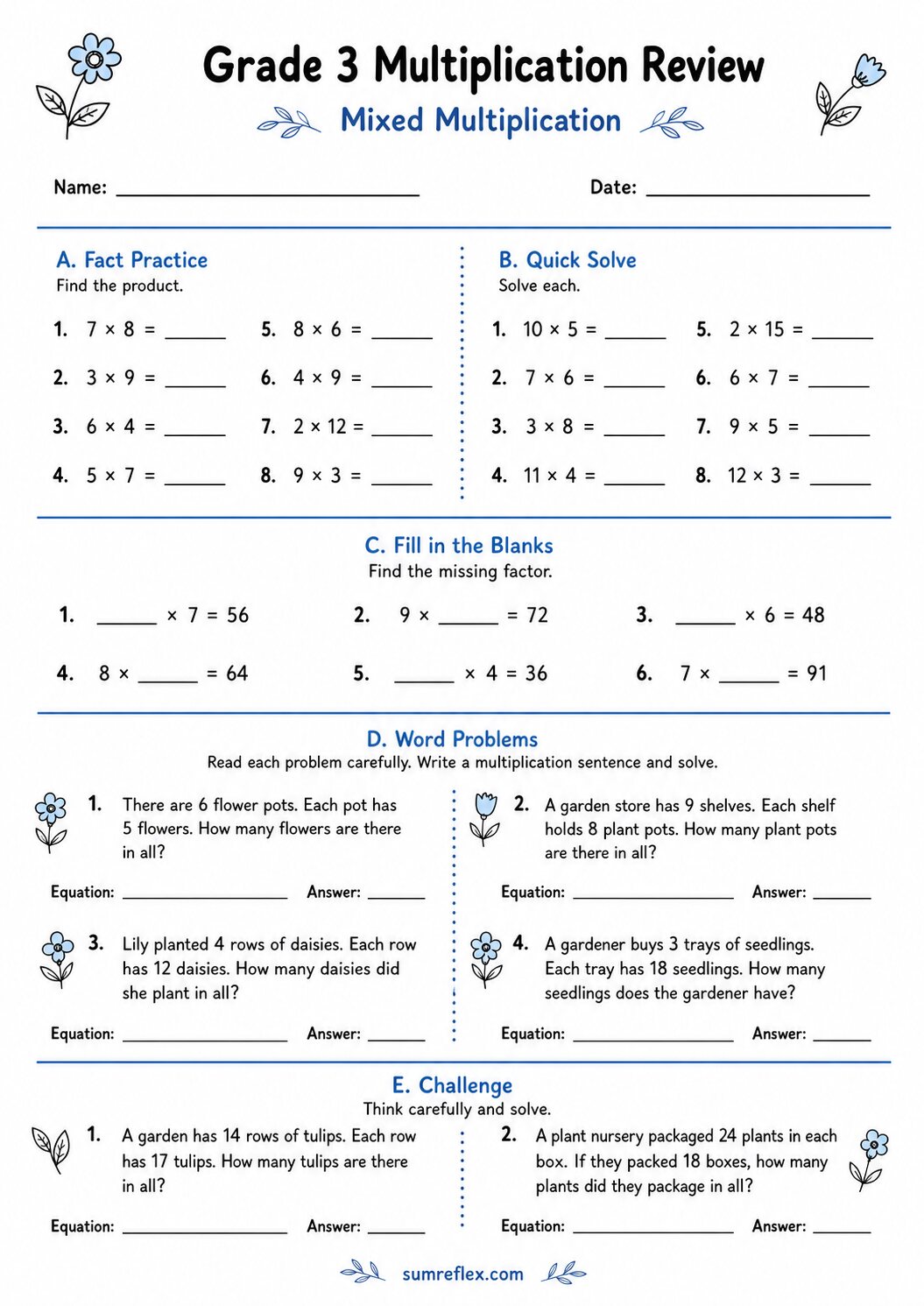 Grade 3 mixed multiplication review worksheet 3 with equations and word problems