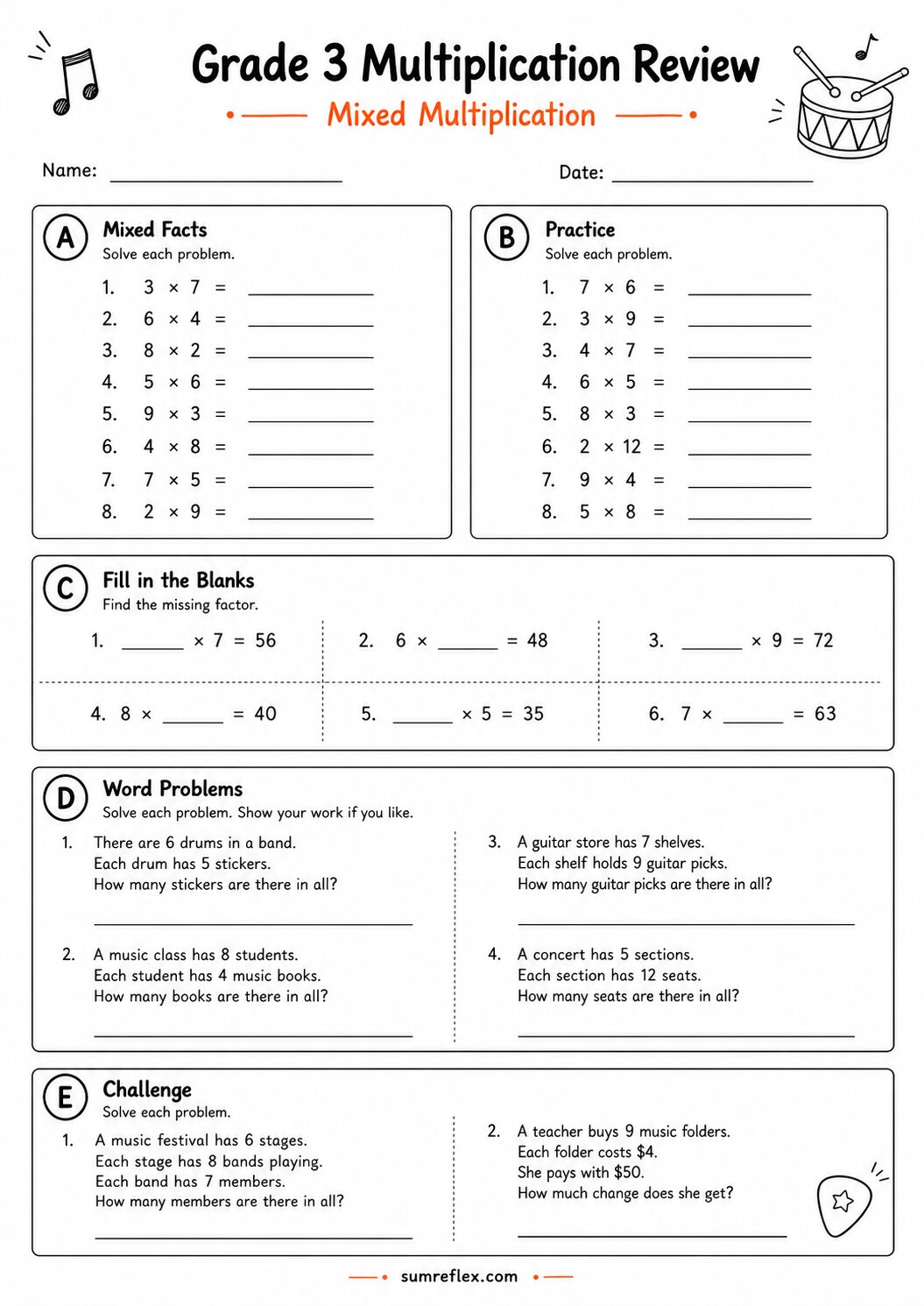 Grade 3 mixed multiplication review worksheet 4 with missing factors and challenge work