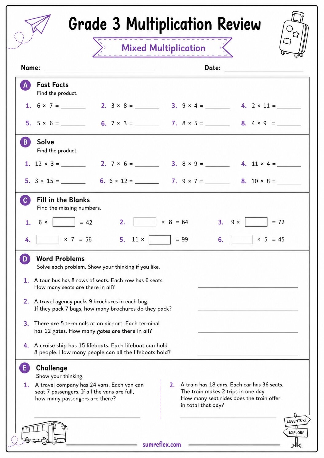 Grade 3 mixed multiplication review worksheet 5 with facts and applied questions