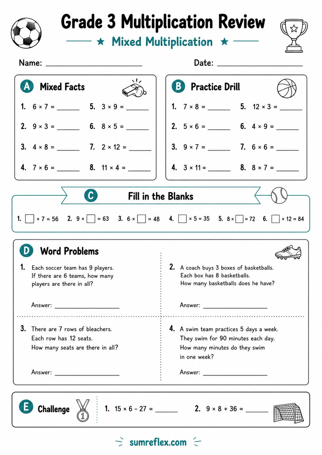 Grade 3 mixed multiplication review worksheet 6 with varied facts and blanks