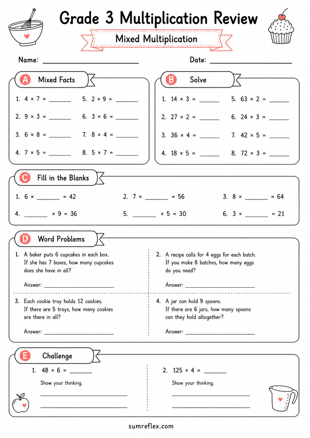 Grade 3 mixed multiplication review worksheet 7 with across-table facts