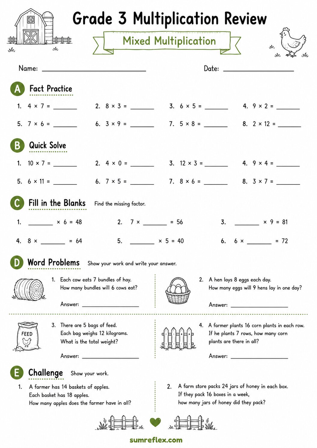 Grade 3 mixed multiplication review worksheet 8 with fluency and challenge questions