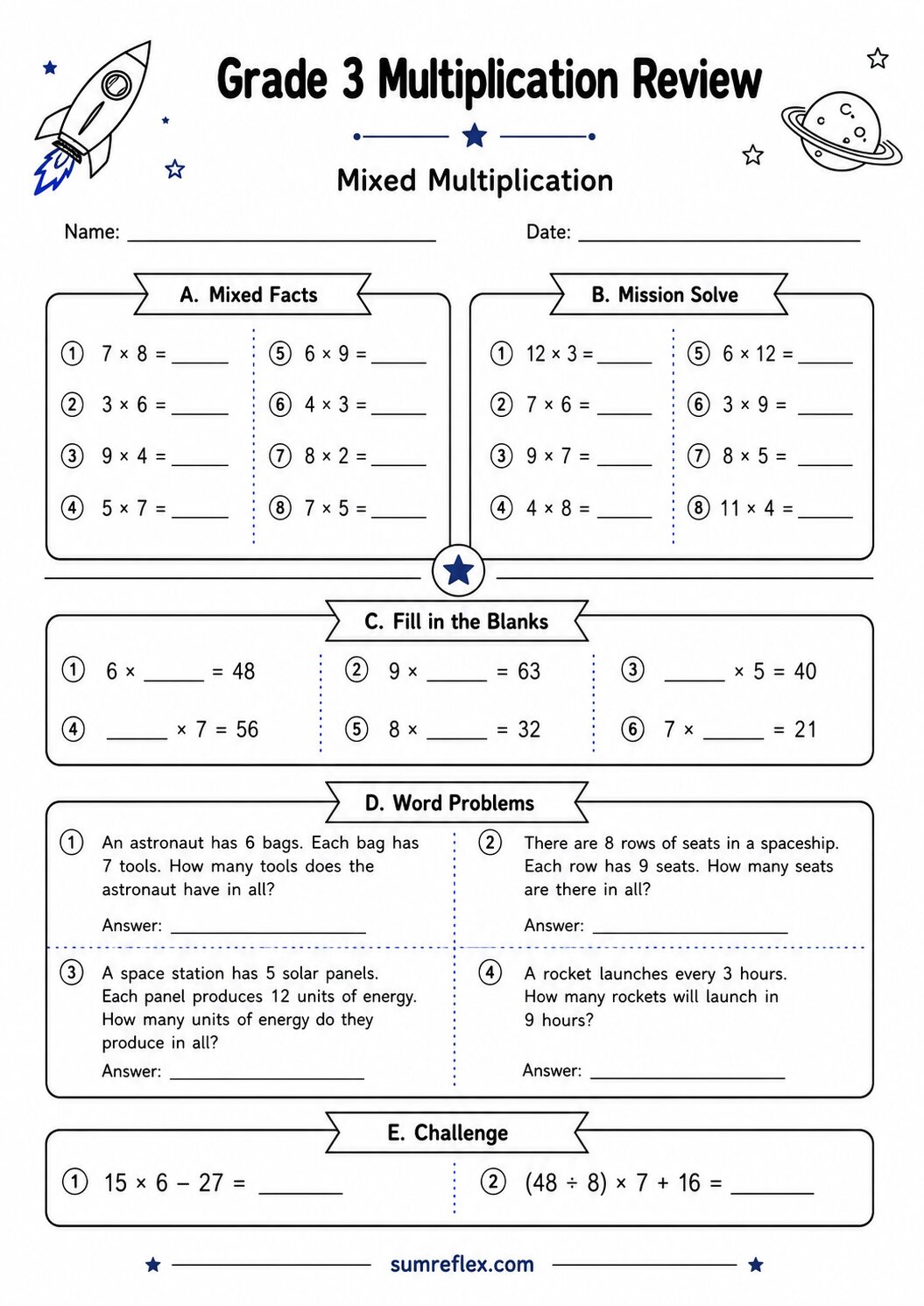 Grade 3 mixed multiplication review worksheet 9 with broad fact-family practice