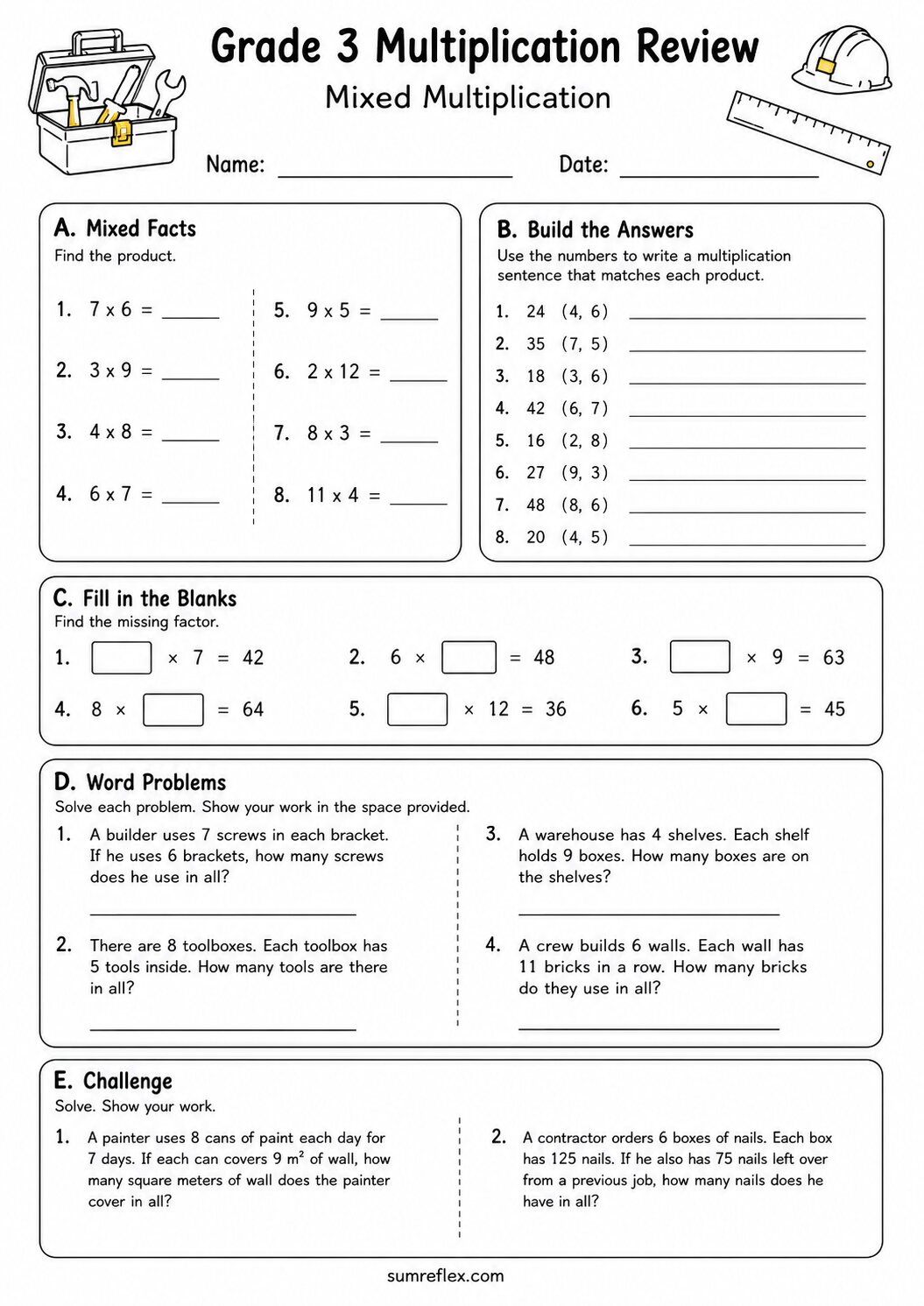 Grade 3 mixed multiplication review worksheet 10 with products and missing factors