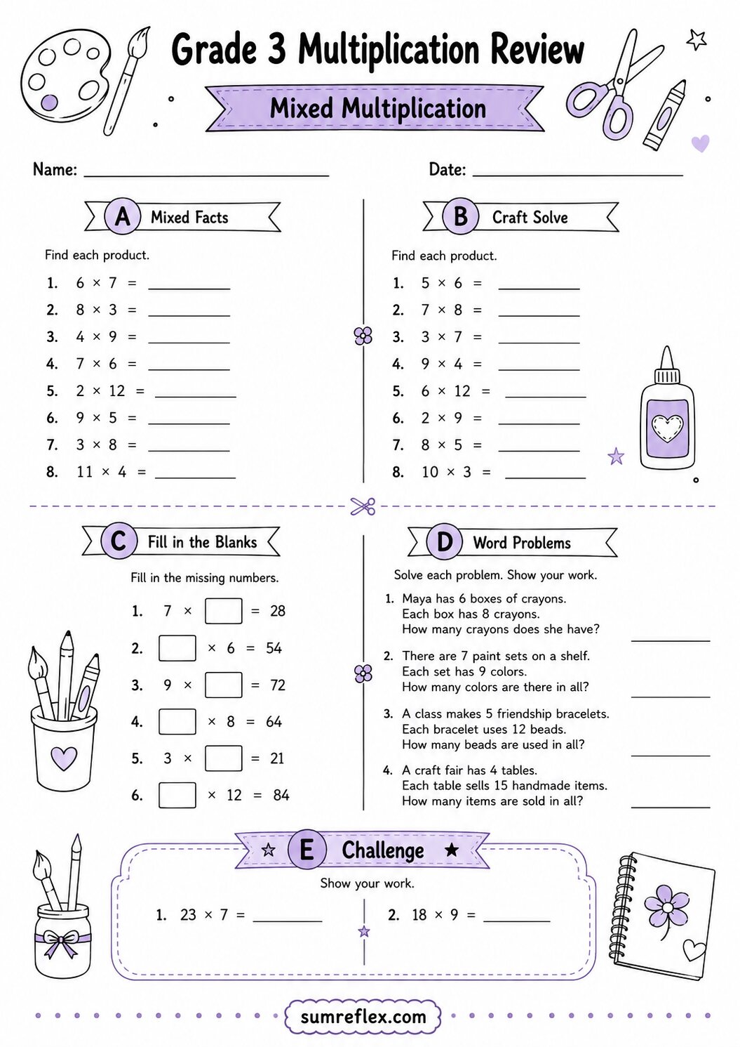 Grade 3 mixed multiplication review worksheet 11 with final broad practice